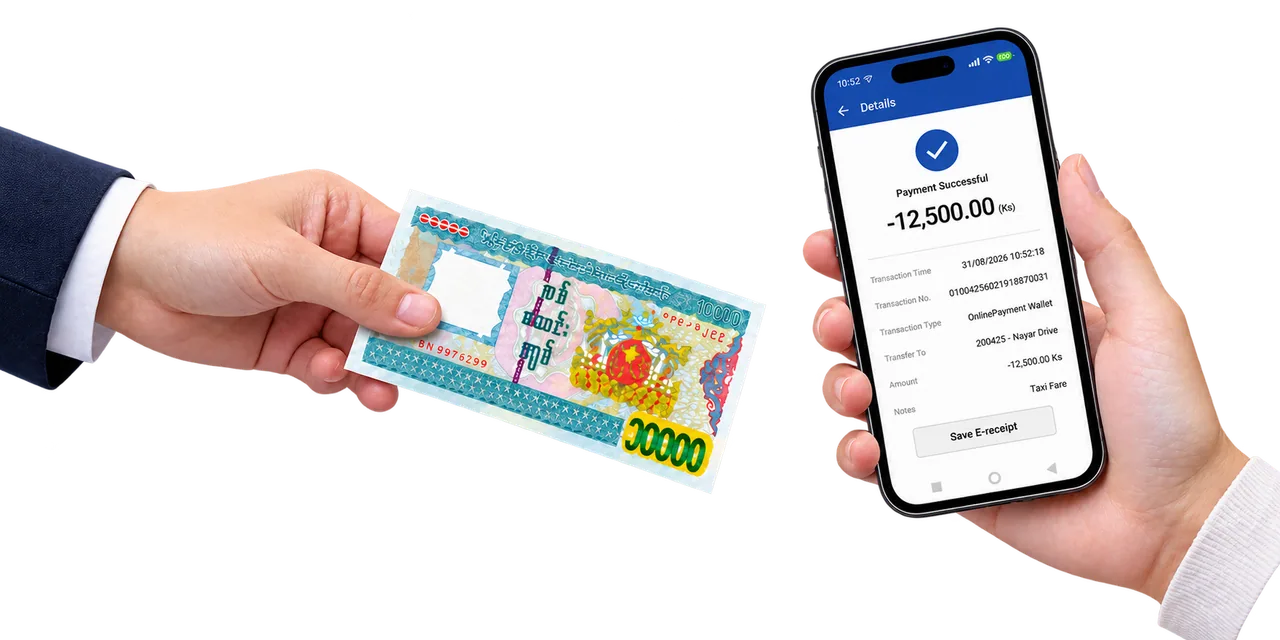ခရီးစဉ်အပြီး ငွေသား သို့မဟုတ်  Digital Wallet  ဖြင့် ယာဉ်စီးခ ပေးချေနေသည့် ခရီးသည်